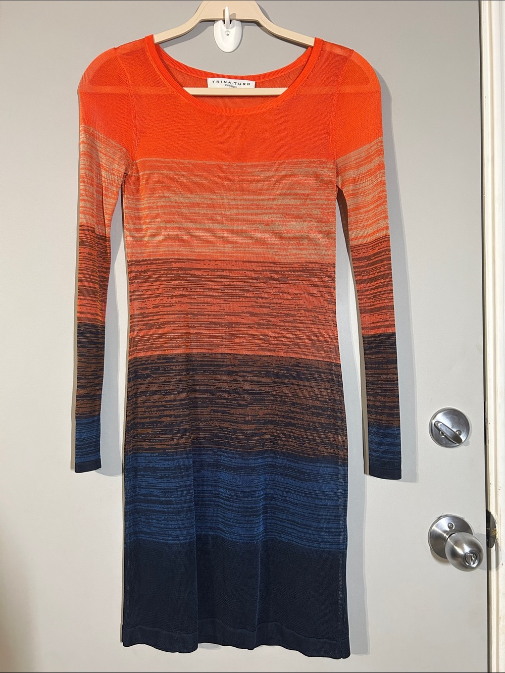 Trina Turk Orange-to-Blue Gradient Long-Sleeve Knit sheath Dress